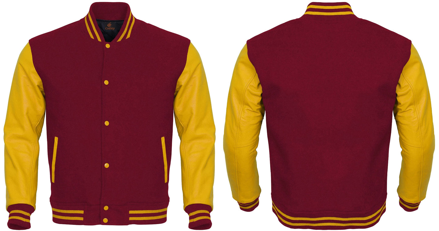 Varsity Jacket Maroon Body and Yellow Leather Sleeves Letterman Jacket