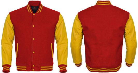 Custom Varsity Jackets Red Body and Yellow Leather Sleeves Varsity Jacket