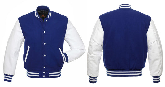 Ladies Varsity Jacket Blue Body and White Leather Sleeves Varsity Jacket