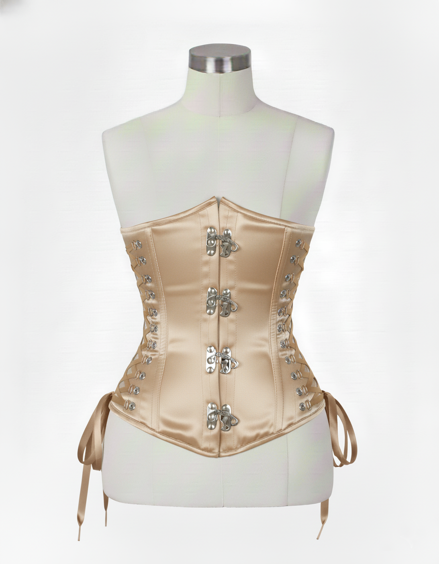 Underbust Corsets Hourglass Curve Waspie Corsete Corseting Front Clasps Beige Satin CE-0210252