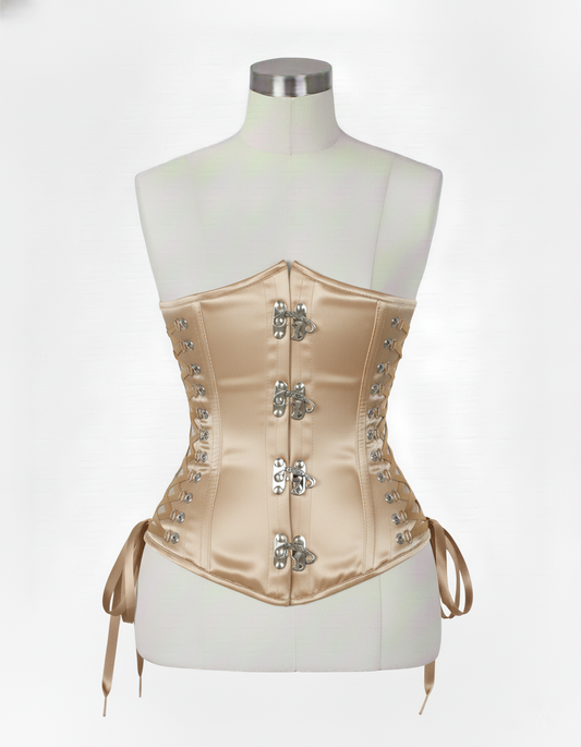 Underbust Corsets Hourglass Curve Waspie Corsete Corseting Front Clasps Beige Satin CE-0210252