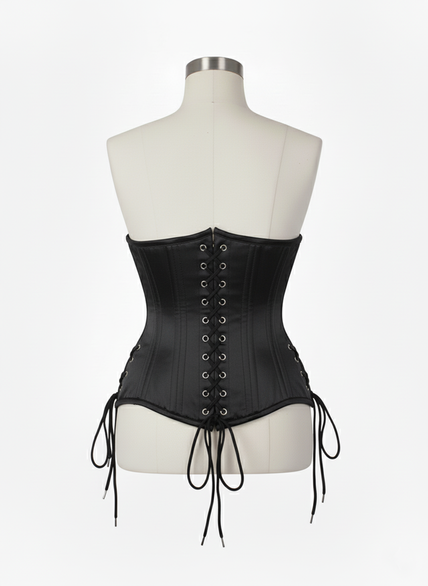Underbust Double Steel Boned Corset Hourglass Curve Waspie Corsete Corseting Black Satin CE-0210253
