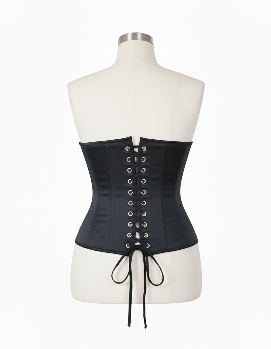 Underbust Corsets Hourglass Curve Waspie Corsete Corseting Front Clasps Black Satin CE-0210252