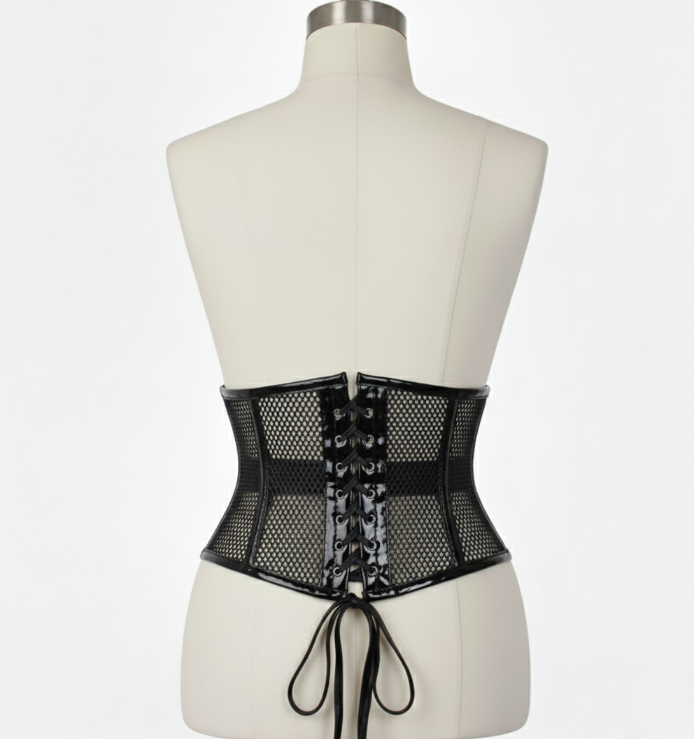 Waist Cincher Corset Hourglass Curve Waspie Corsete Corseting Black PVC Mesh CE-03102511