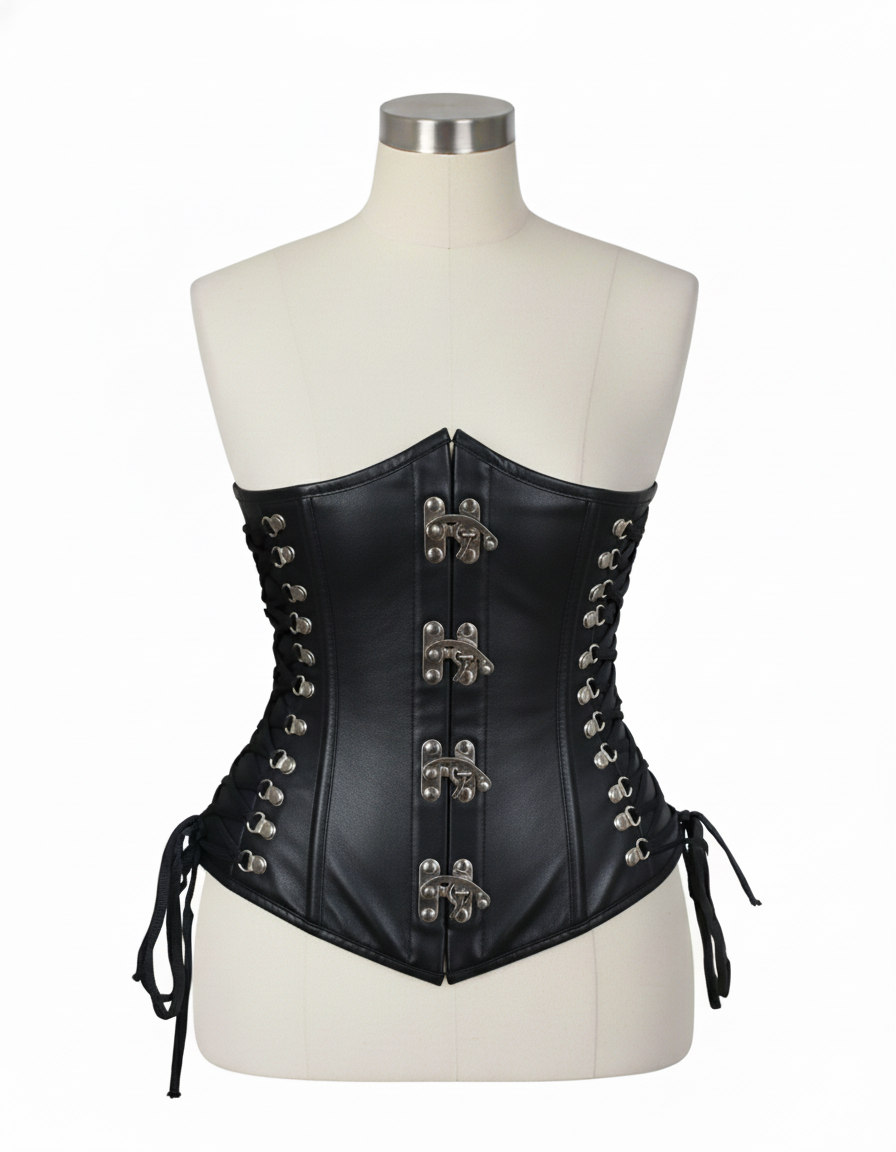 Underbust Corsets Hourglass Curve Waspie Corsete Corseting Front Clasps Black Leather CE-0210252