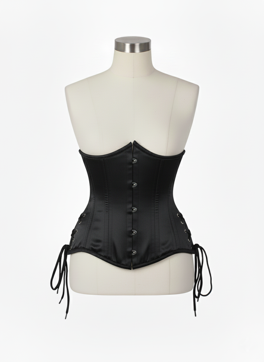 Underbust Double Steel Boned Corset Hourglass Curve Waspie Corsete Corseting Black Satin CE-0210253