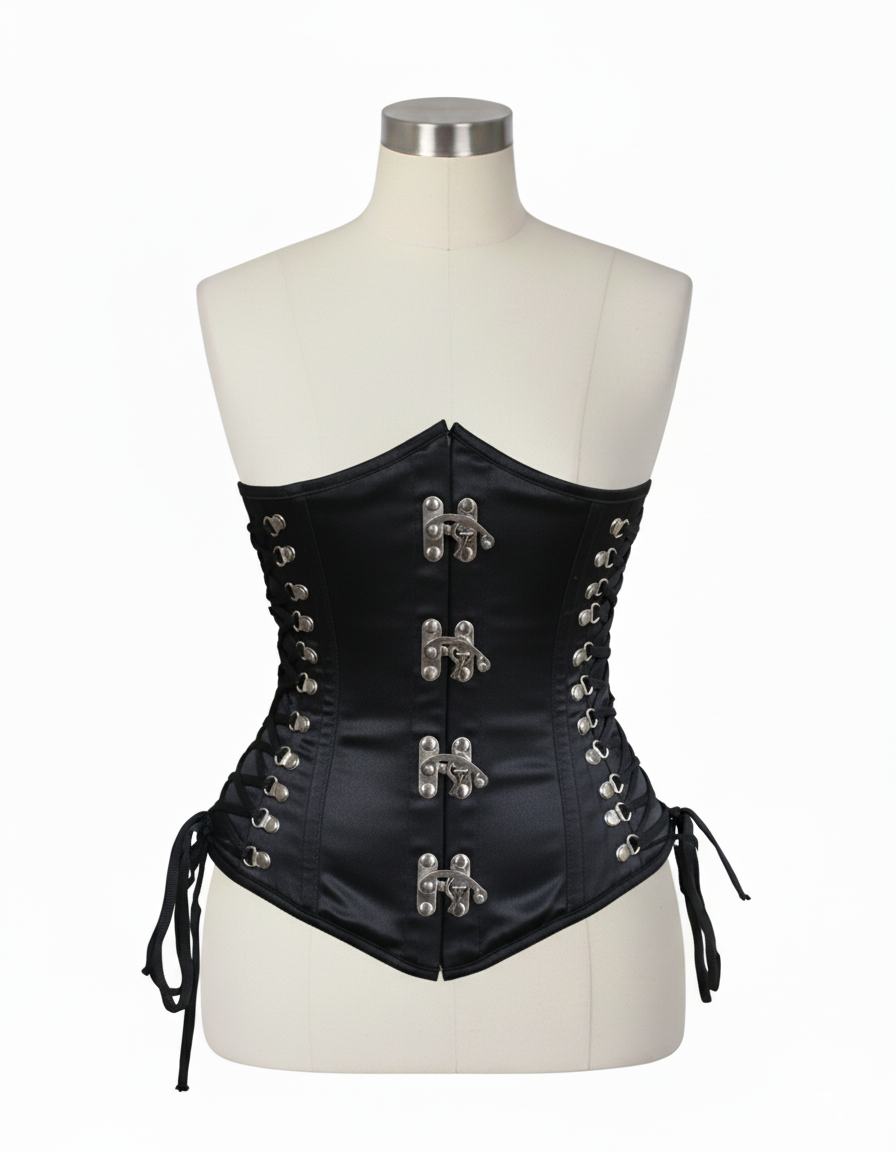 Underbust Corsets Hourglass Curve Waspie Corsete Corseting Front Clasps Black Satin CE-0210252