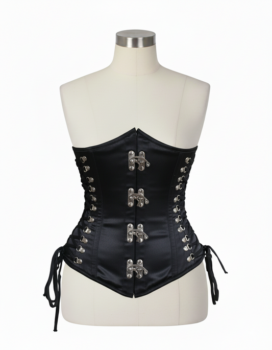 Underbust Corsets Hourglass Curve Waspie Corsete Corseting Front Clasps Black Satin CE-0210252