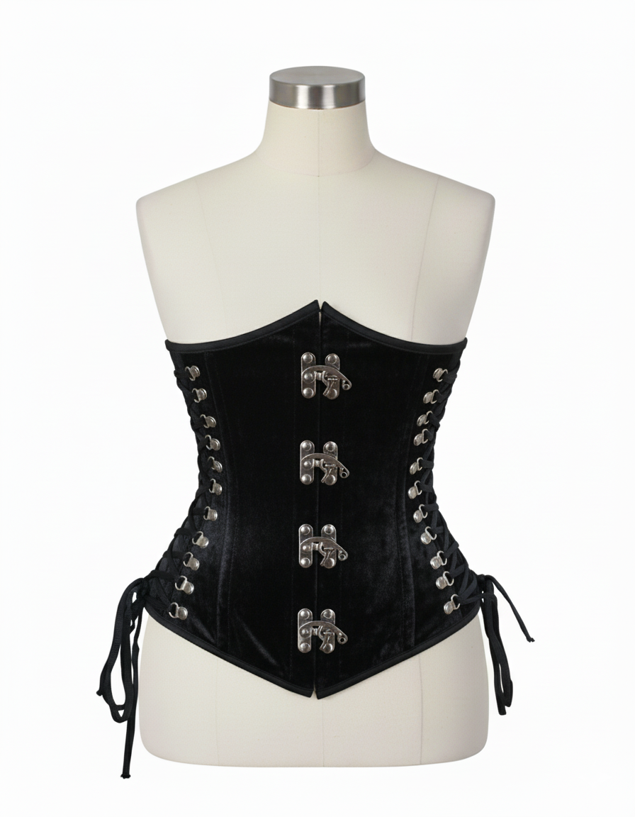 Underbust Corsets Hourglass Curve Waspie Corsete Corseting Front Clasps Black Velvet CE-0210252