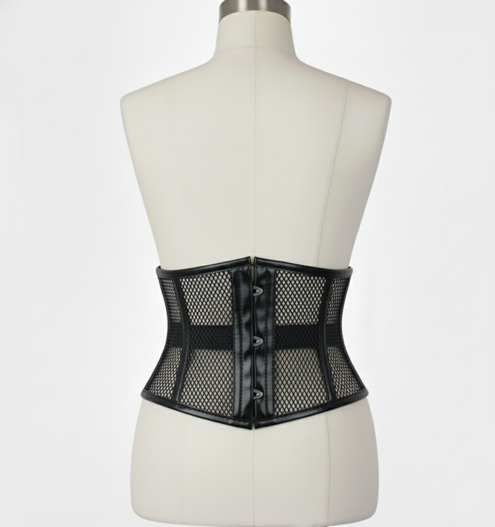 Waist Cincher Corset Hourglass Curve Waspie Corsete Corseting Black PVC Mesh CE-03102511