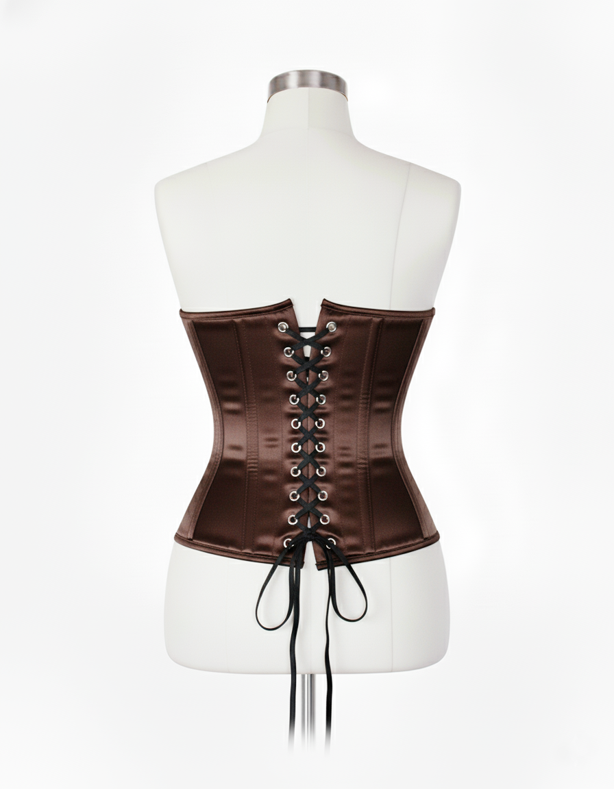 Underbust Corsets Hourglass Curve Waspie Corsete Corseting Front Clasps Brown Satin CE-0210252