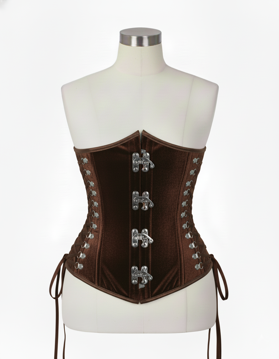 Underbust Corsets Hourglass Curve Waspie Corsete Corseting Front Clasps Brown Velvet CE-0210252