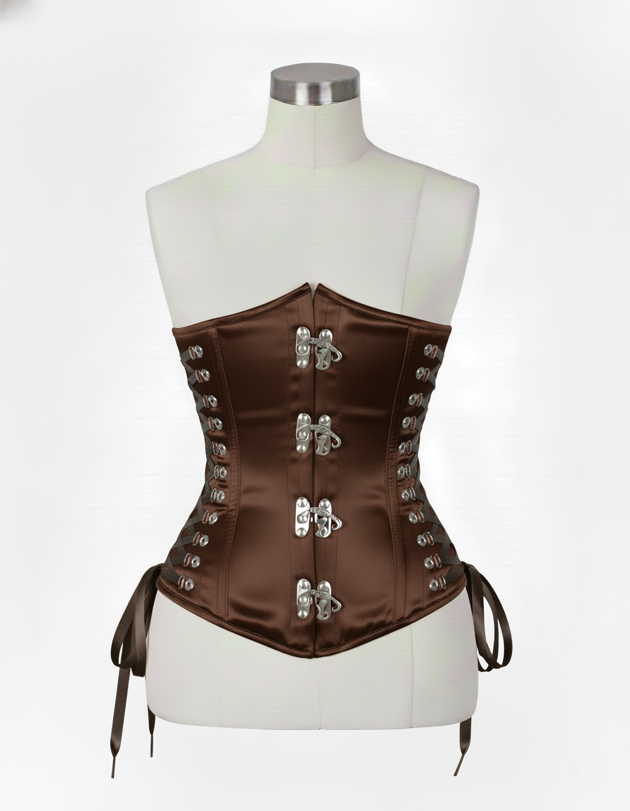 Underbust Corsets Hourglass Curve Waspie Corsete Corseting Front Clasps Brown Satin CE-0210252