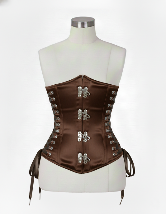 Underbust Corsets Hourglass Curve Waspie Corsete Corseting Front Clasps Brown Satin CE-0210252