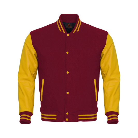 Varsity Jacket Maroon Body and Yellow Leather Sleeves Letterman Jacket