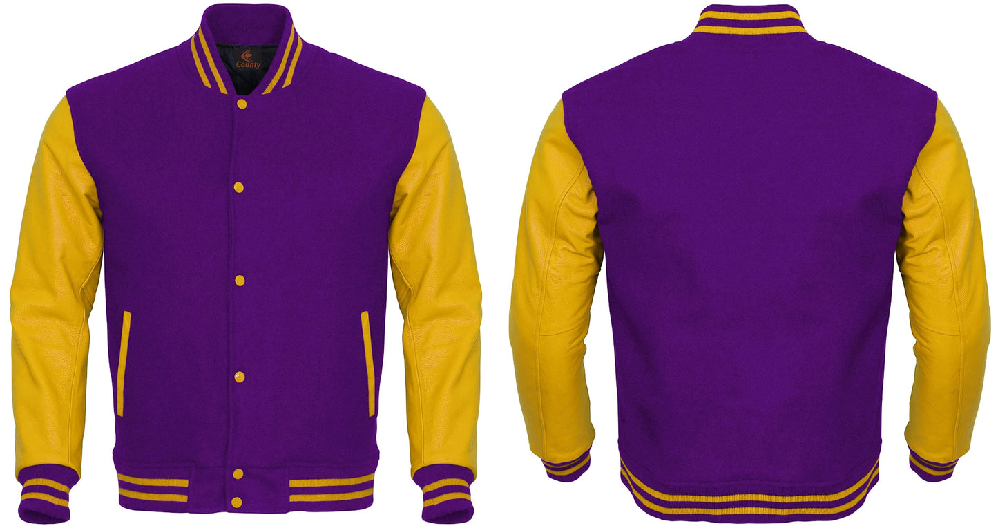 Team Varsity Jackets Purple Body and Yellow Leather Sleeves Varsity Jacket
