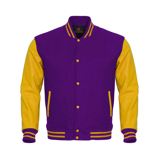 Team Varsity Jackets Purple Body and Yellow Leather Sleeves Varsity Jacket