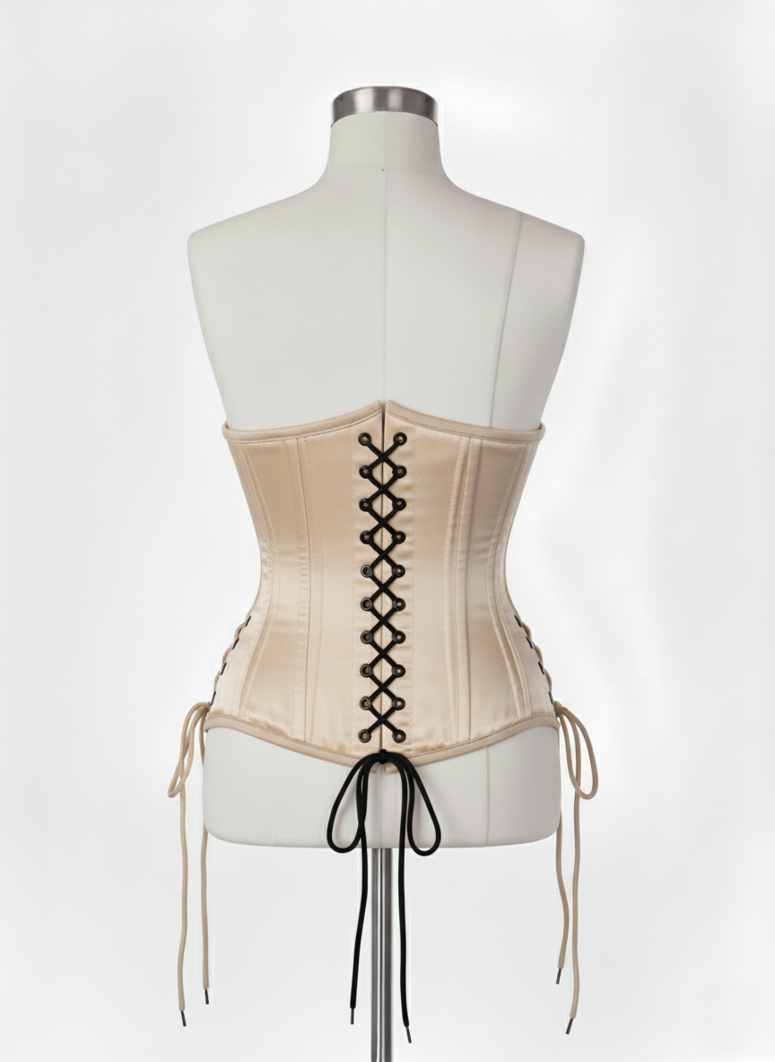 Underbust Double Steel Boned Corset Hourglass Curve Waspie Corsete Corseting Beige Satin CE-0210253