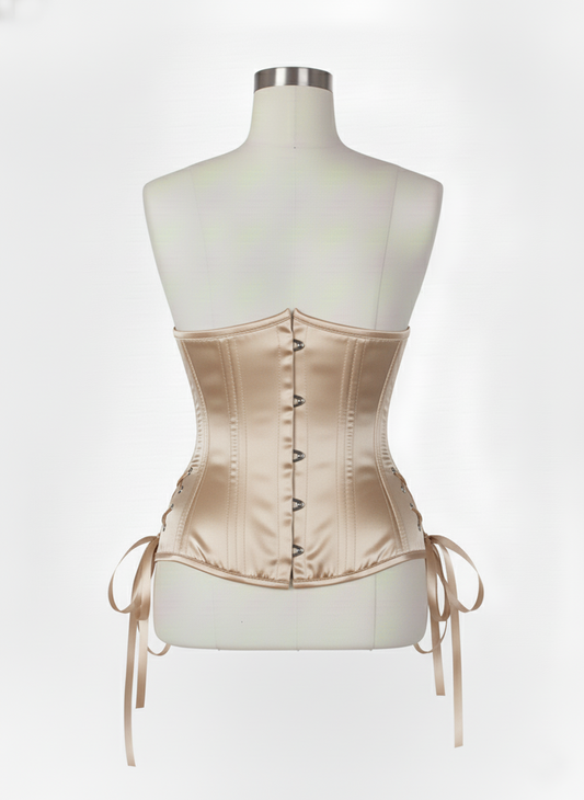 Underbust Double Steel Boned Corset Hourglass Curve Waspie Corsete Corseting Beige Satin CE-0210253