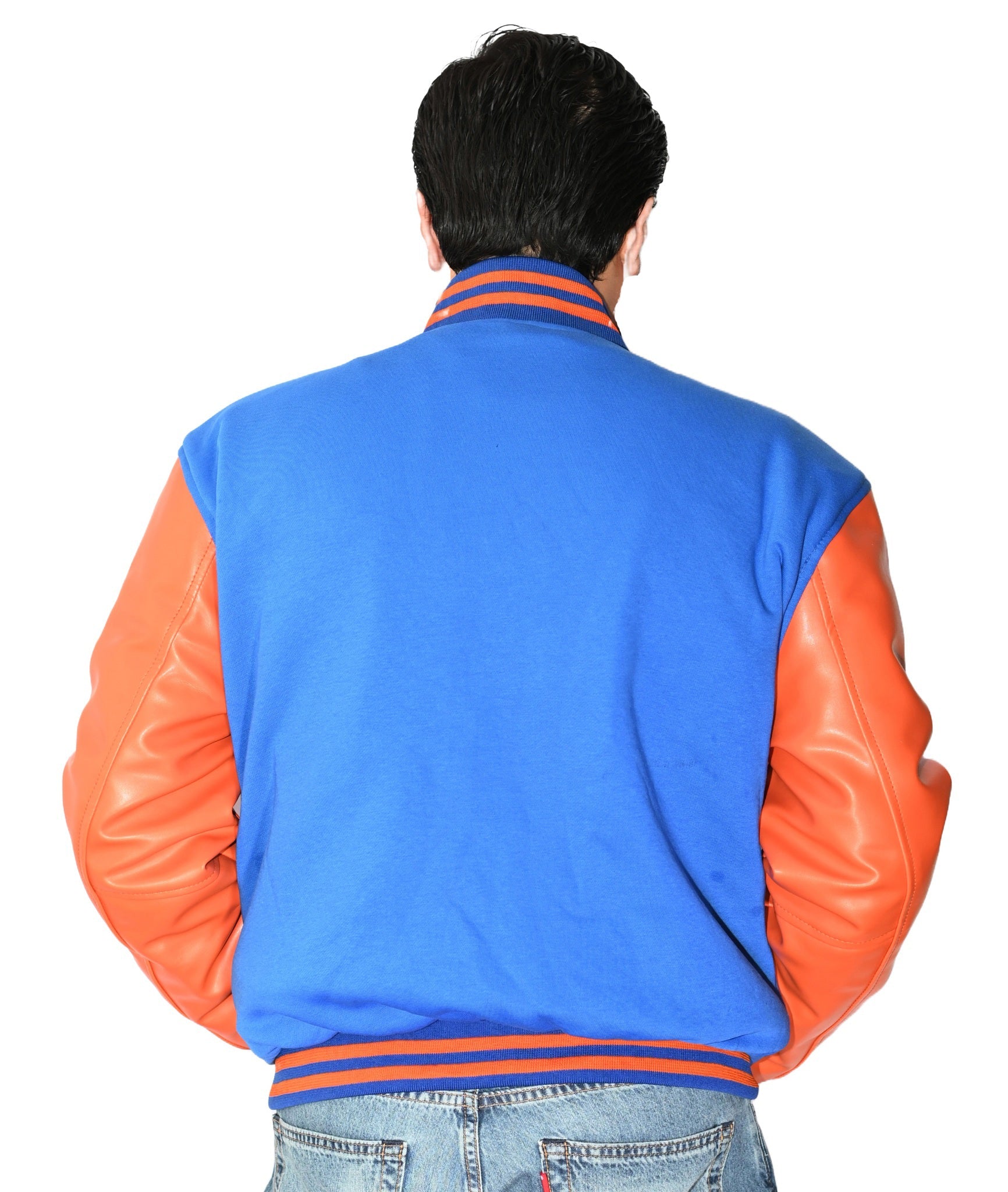 Varsity Jacket Mens Blue Body and Orange Leather Sleeves Varsity Jacket
