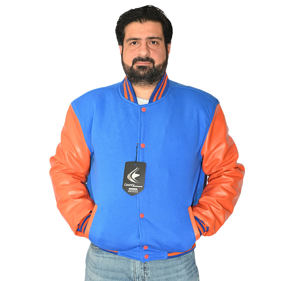 Varsity Jacket Mens Blue Body and Orange Leather Sleeves Varsity Jacket