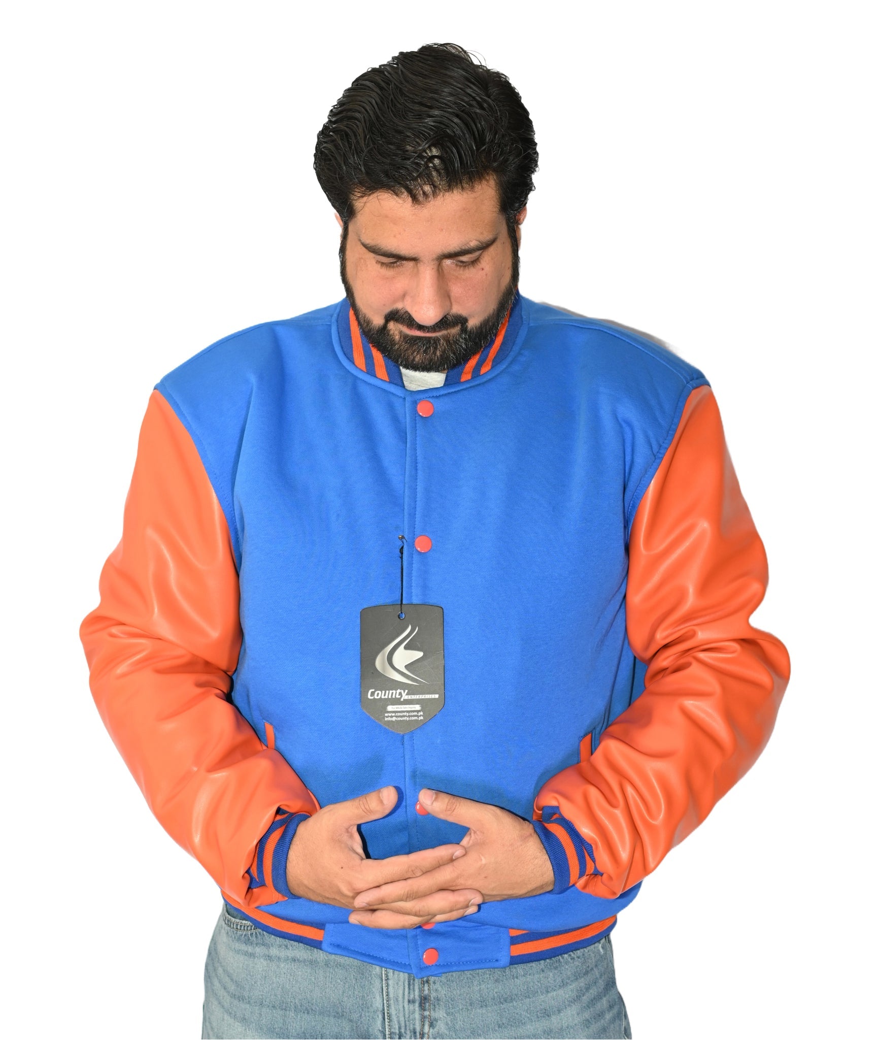 Varsity Jacket Mens Blue Body and Orange Leather Sleeves Varsity Jacket