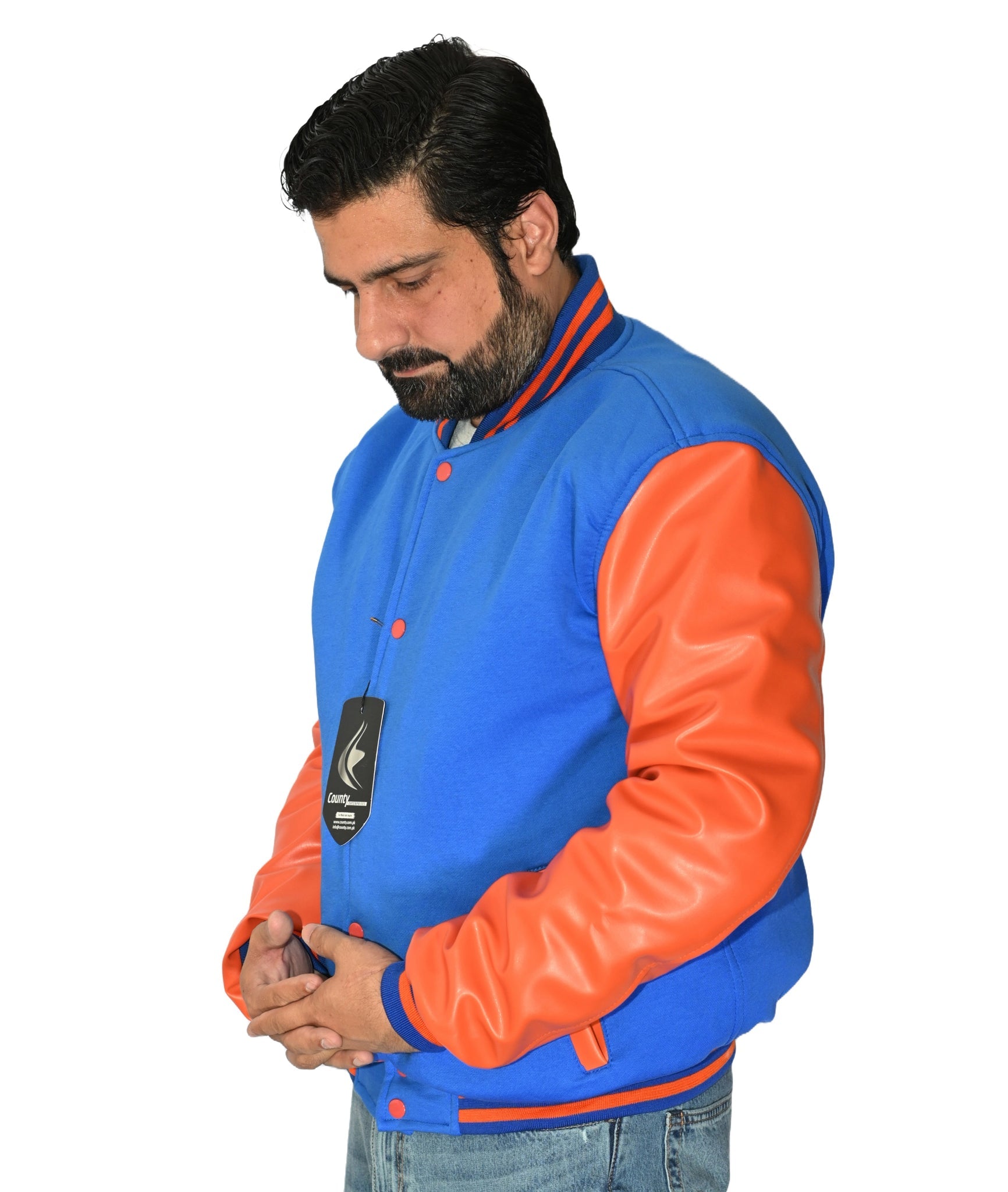 Varsity Jacket Mens Blue Body and Orange Leather Sleeves Varsity Jacket