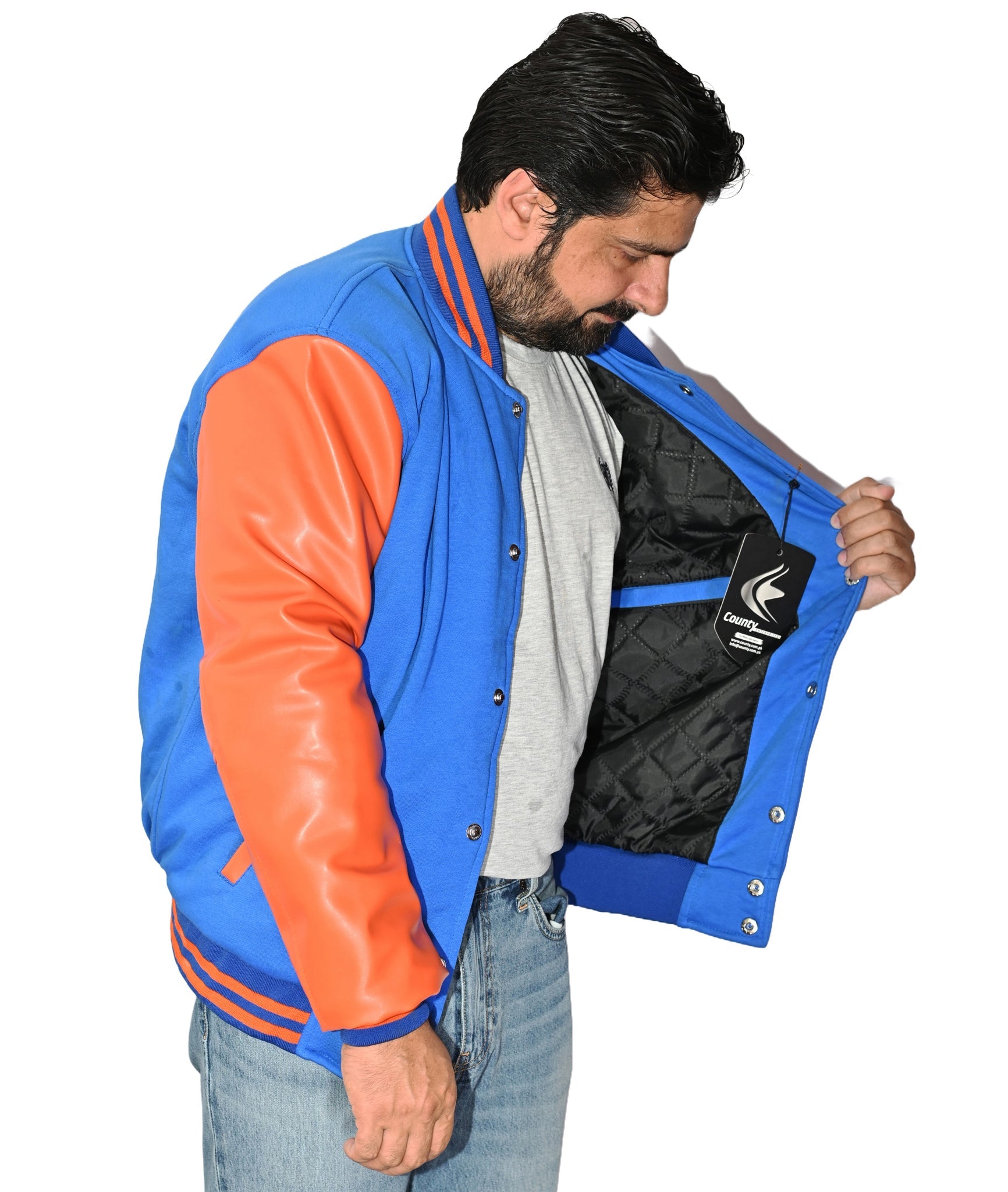 Varsity Jacket Mens Blue Body and Orange Leather Sleeves Varsity Jacket