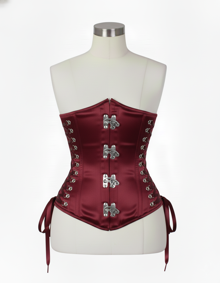 Underbust Corsets Hourglass Curve Waspie Corsete Corseting Front Clasps Maroon Satin CE-0210252
