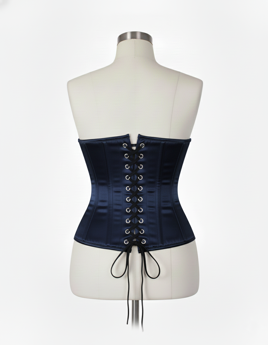 Underbust Corsets Hourglass Curve Waspie Corsete Corseting Front Clasps Navy Blue Satin CE-0210252