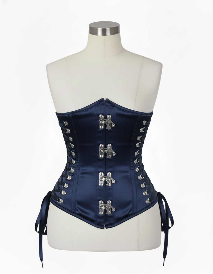 Underbust Corsets Hourglass Curve Waspie Corsete Corseting Front Clasps Navy Blue Satin CE-0210252