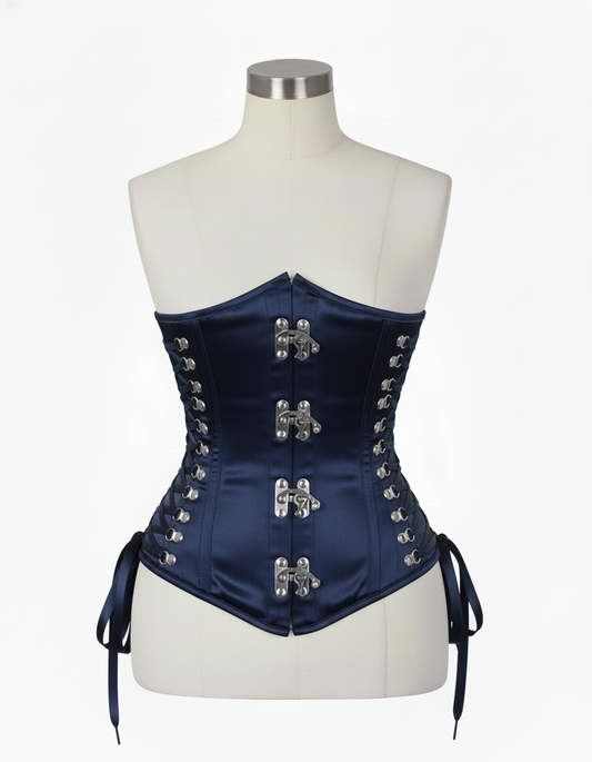 Underbust Corsets Hourglass Curve Waspie Corsete Corseting Front Clasps Navy Blue Satin CE-0210252