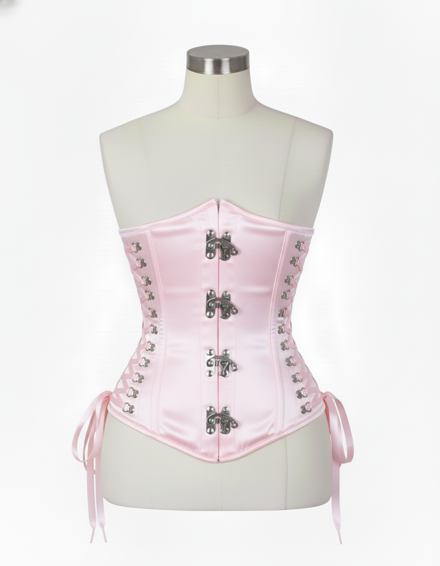 Underbust Corsets Hourglass Curve Waspie Corsete Corseting Front Clasps Pink Satin CE-0210252