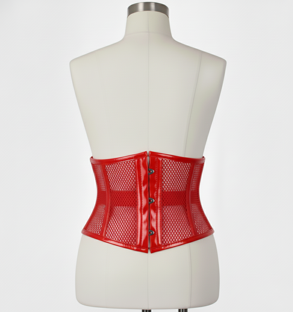 Waist Cincher Corset Hourglass Curve Waspie Corsete Corseting Red PVC Mesh CE-03102511
