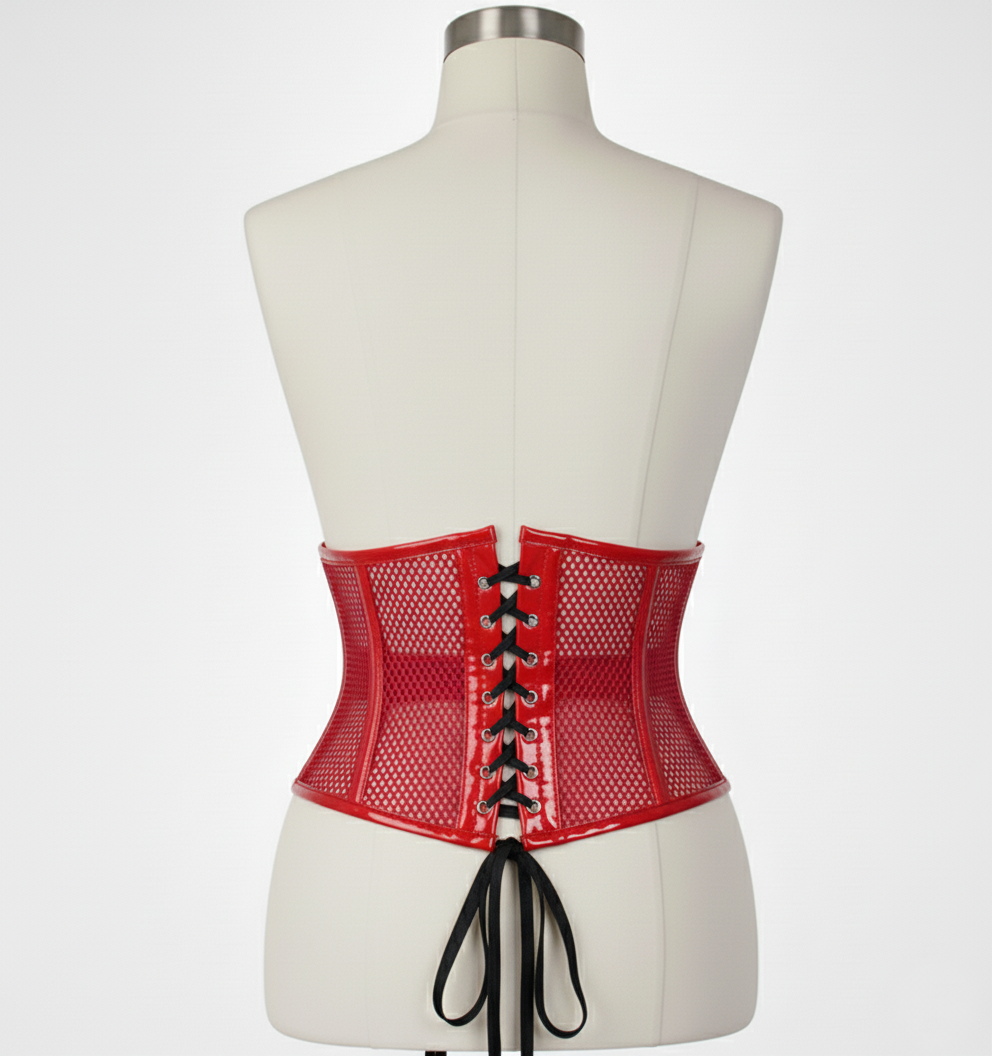 Waist Cincher Corset Hourglass Curve Waspie Corsete Corseting Red PVC Mesh CE-03102511