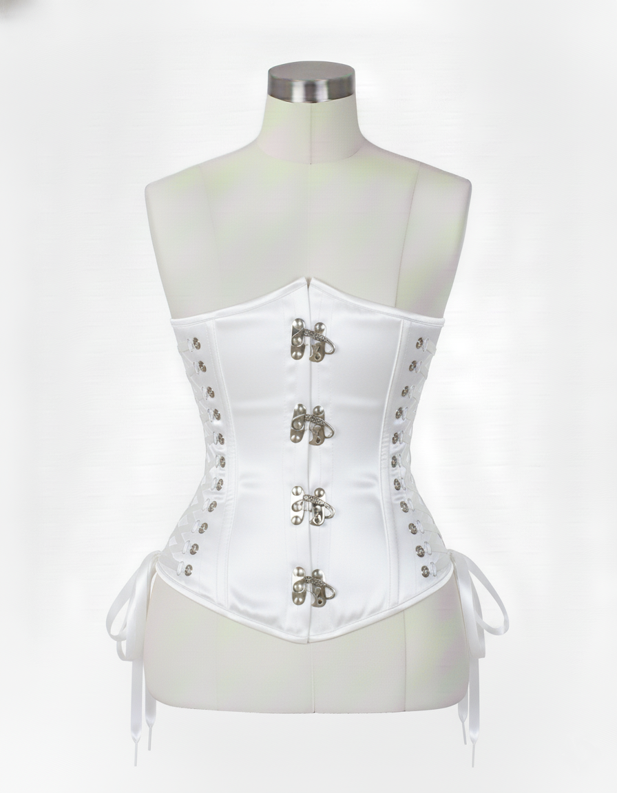 Underbust Corsets Hourglass Curve Waspie Corsete Corseting Front Clasps White Satin CE-0210252