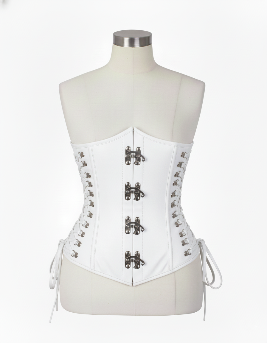 Underbust Corsets Hourglass Curve Waspie Corsete Corseting Front Clasps White Leather CE-0210252